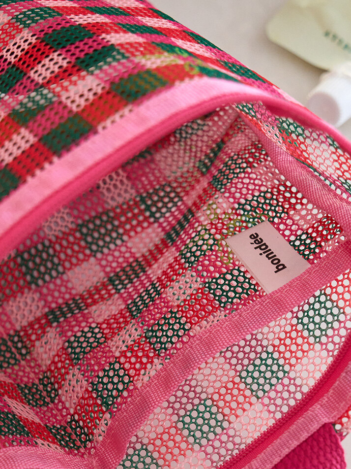 메쉬 미니 파우치 체크 핑크