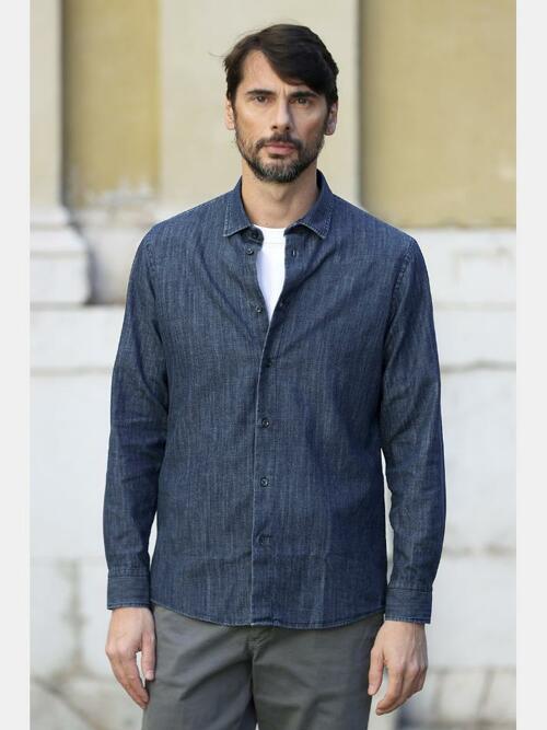 [아르메오디] 레귤러핏 스톤 워싱 데님 청셔츠 EFIST750BL