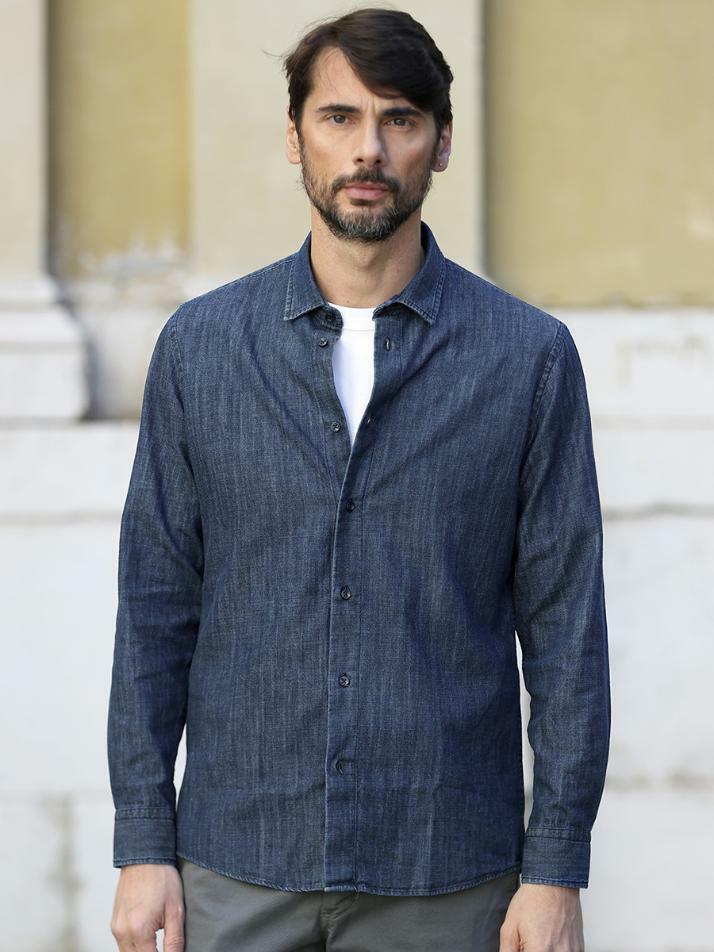 [아르메오디] 레귤러핏 스톤 워싱 데님 청셔츠 EFIST750BL