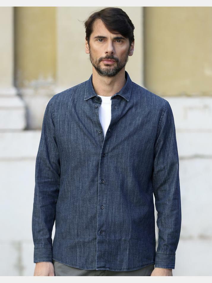 [아르메오디] 레귤러핏 스톤 워싱 데님 청셔츠 EFIST750BL