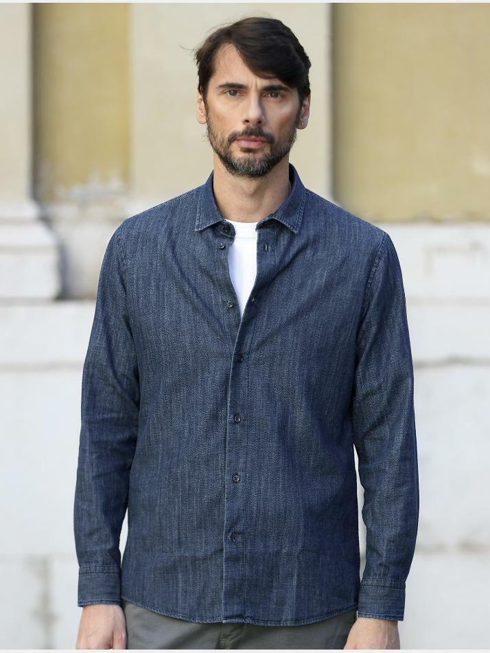 [아르메오디] 레귤러핏 스톤 워싱 데님 청셔츠 EFIST750BL