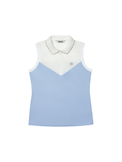 Women's Color block half zip-up Sleeveless Shirts Skyblue
