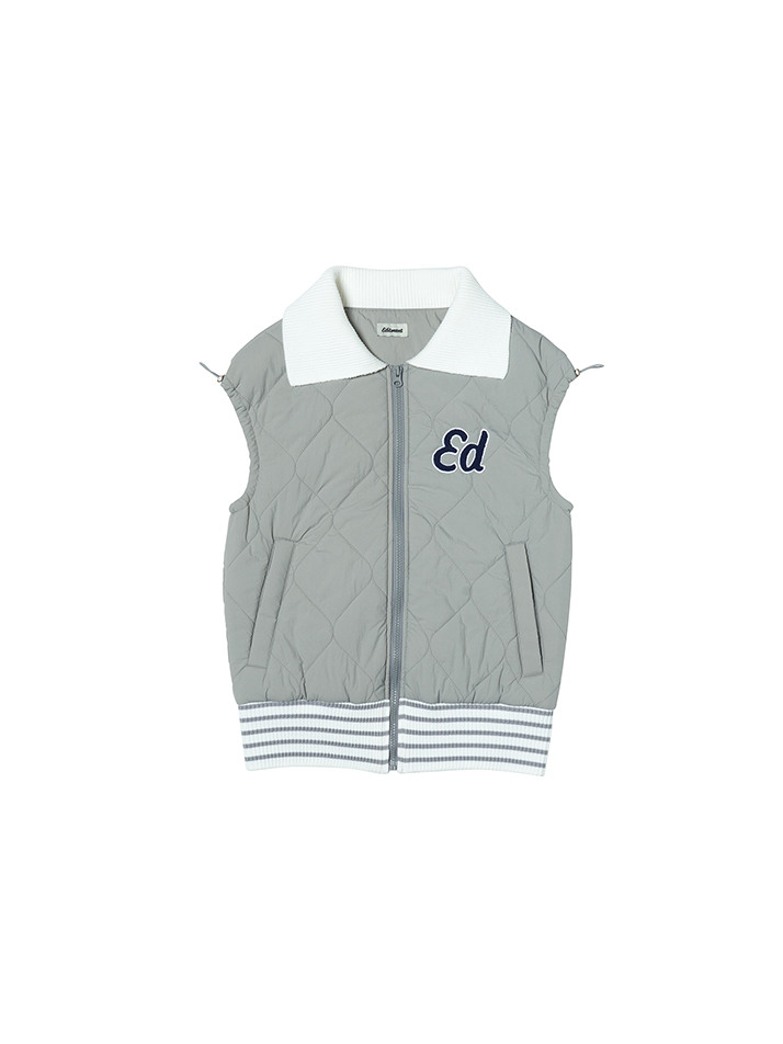 Women Sweater Collar Quilted Padding Vest Grey