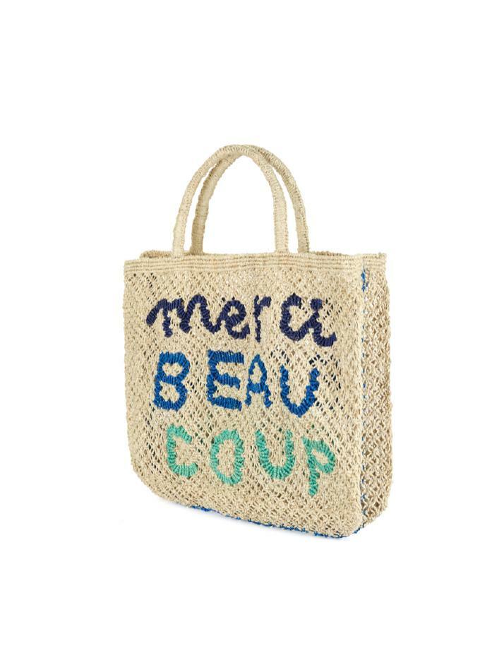 `Merci Beau Coup` Large Bag - Natural and blue multi