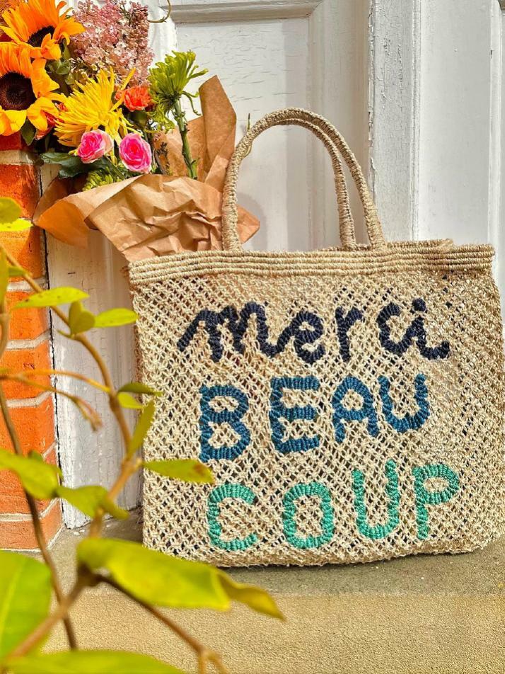 `Merci Beau Coup` Large Bag - Natural and blue multi