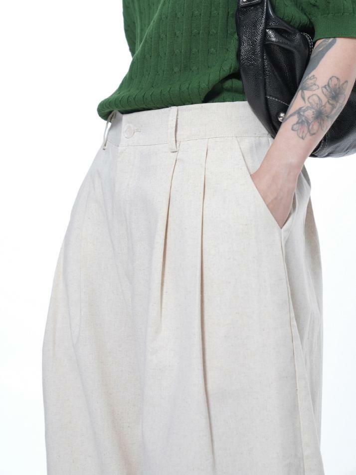 Linen Two-tuck Wide Pants - Oatmeal