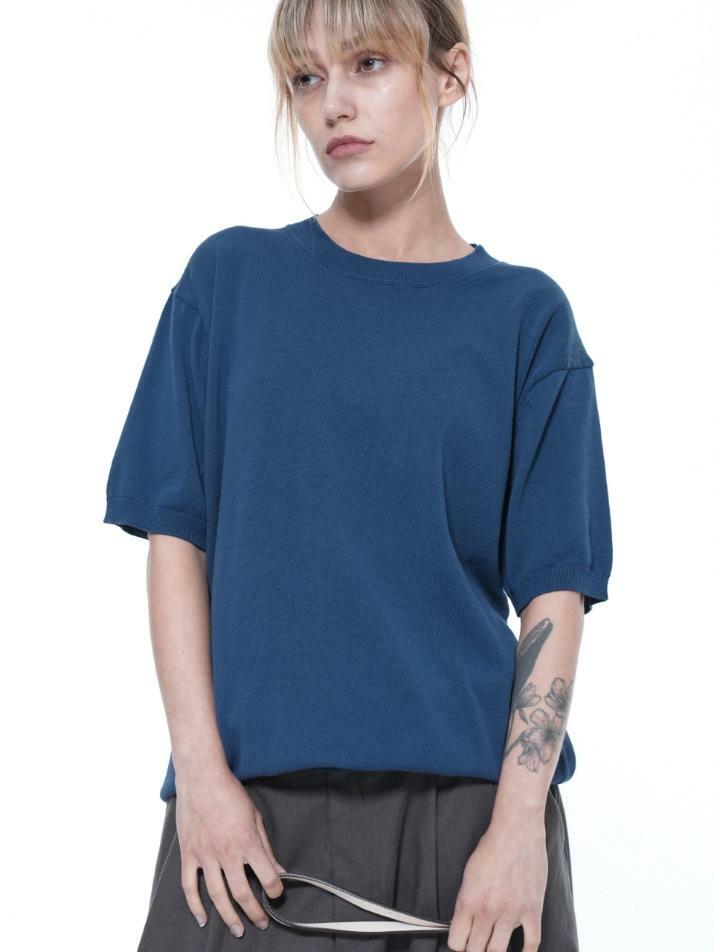 Linen Basic Round Half Knit - Blue