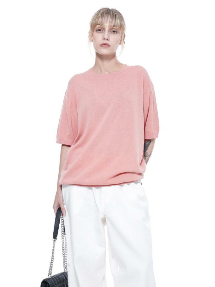 Linen Basic Round Half Knit - Pink