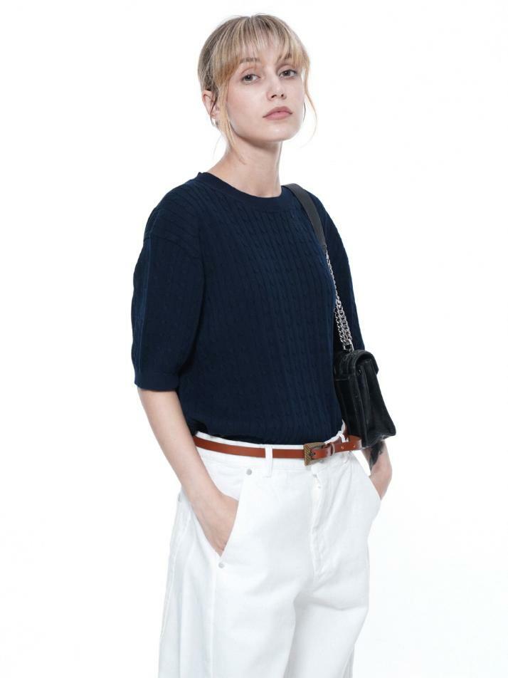 Linen Cable Round Half Knit - Navy