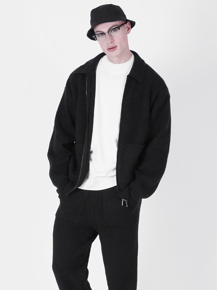 Heavy Knit Two-way Zip up (Black)