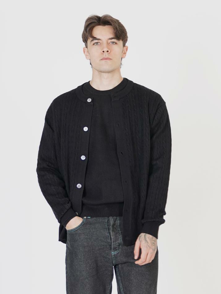 Silket Cable Round-neck Cardigan (Black)