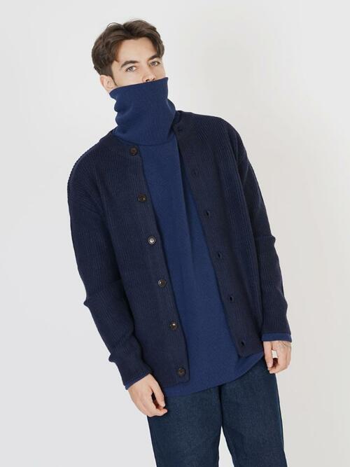 Hazzy Wool Round-neck Cardigan (Navy)