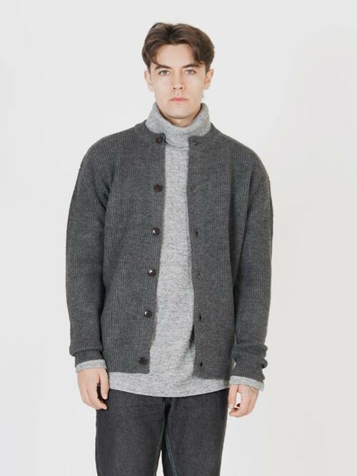 Hazzy Wool Round-neck Cardigan (Chacoal)