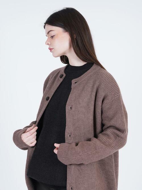 Hazzy Wool Round-neck Cardigan (Brown)