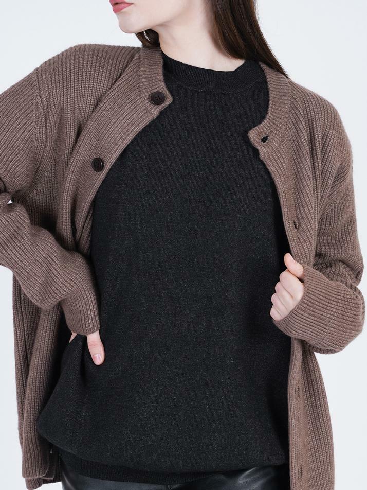 Hazzy Wool Round-neck Cardigan (Brown)