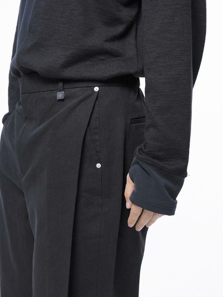 Side Tuck Wide Cotton Slacks - Black /M243PT04BK