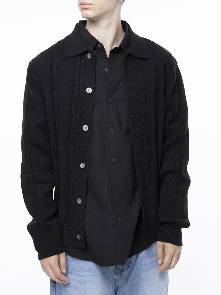 Dense Cable Collar-neck Cardigan - Black /M243OT02BK