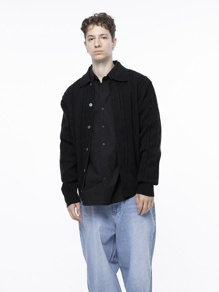 Dense Cable Collar-neck Cardigan - Black /M243OT02BK