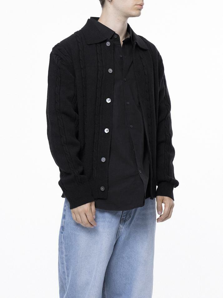 Dense Cable Collar-neck Cardigan - Black /M243OT02BK