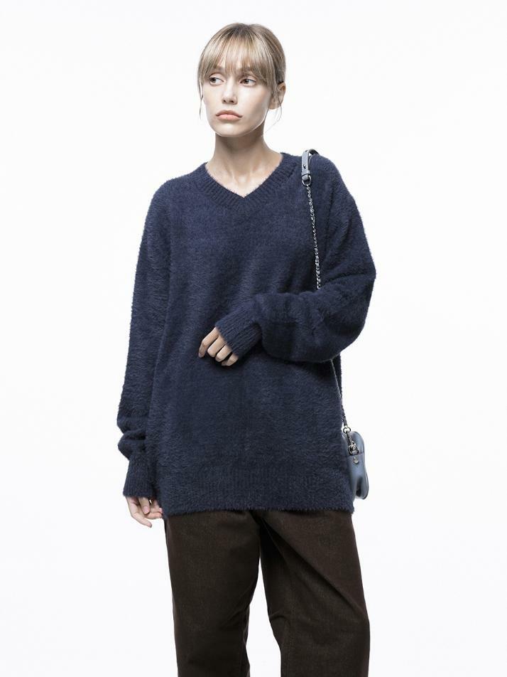 Soft Mohair Angora V-neck Knit - Navy /W243TP07NY