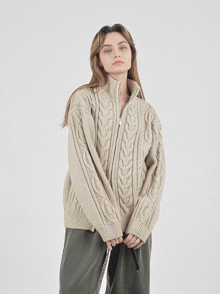 Heavy Cable High-Neck Knit Zip-up (Oatmeal)