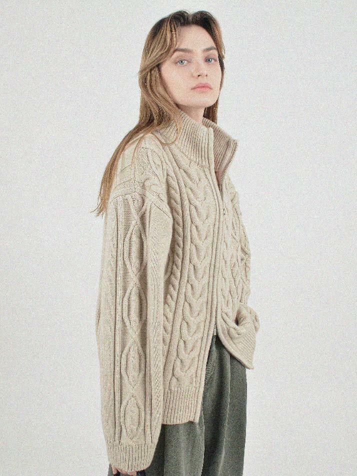 Heavy Cable High-Neck Knit Zip-up (Oatmeal)