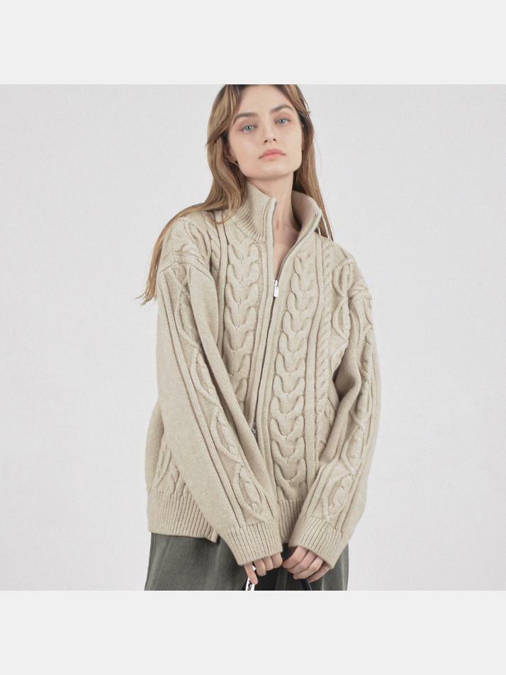 Heavy Cable High-Neck Knit Zip-up (Oatmeal)