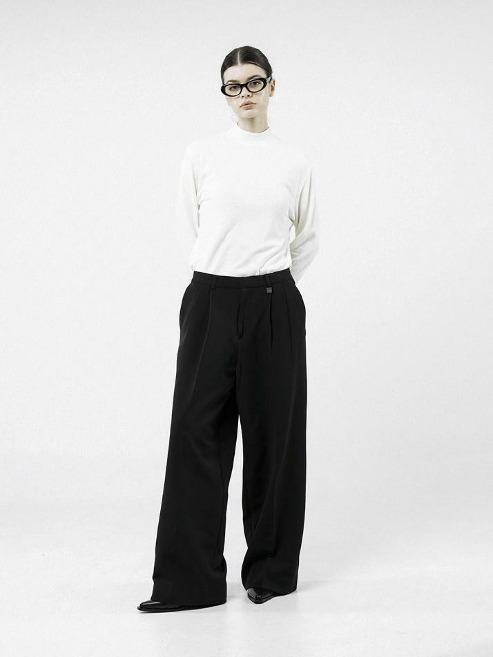 Wool Banding Wide Slacks - Black /W244PT01BK