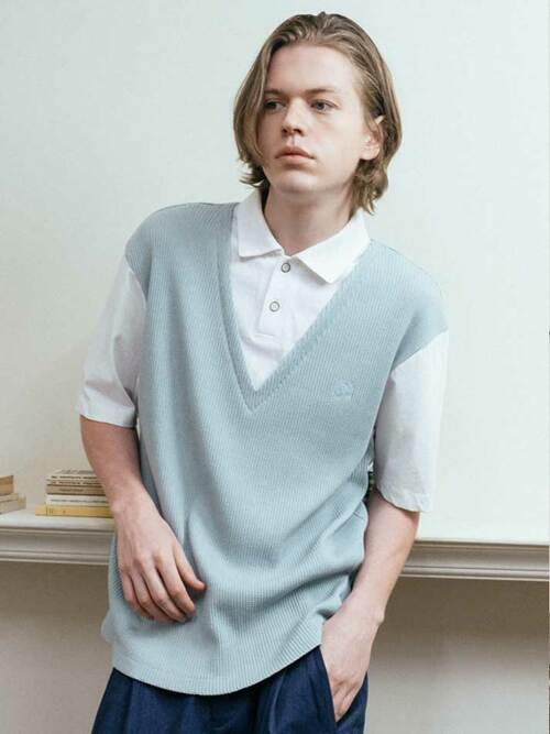 와플조직 페이크 베스트 반팔카라티 CXS24MKKT306 SBL