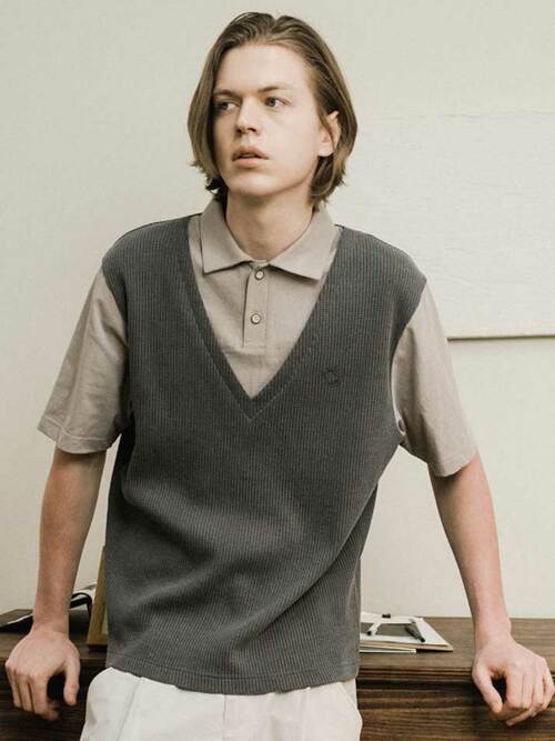 와플조직 페이크 베스트 반팔카라티 CXS24MKKT306 BRO