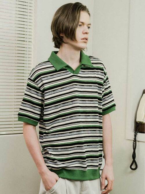 선염스트라이프 앞트임변형 반팔카라티셔츠 CXS24MKKT511 GRN