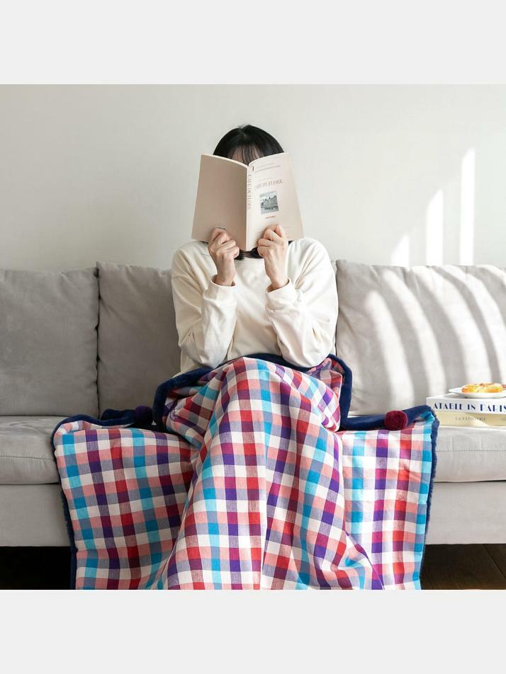 극세사 벨보아 니트방울 블랭킷 원더랜드 체크