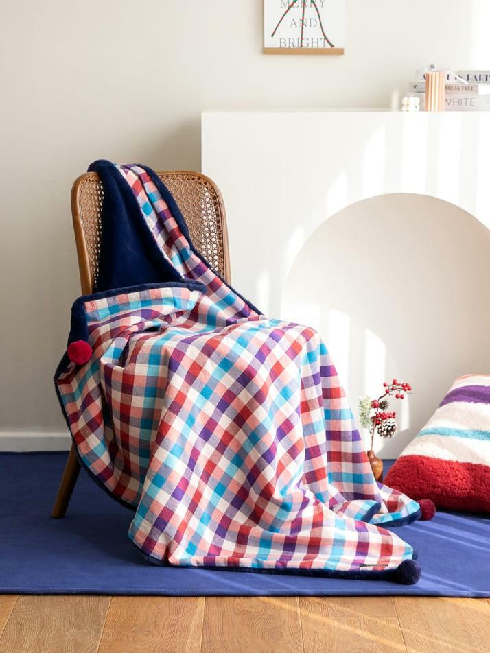 극세사 벨보아 니트방울 블랭킷 원더랜드 체크