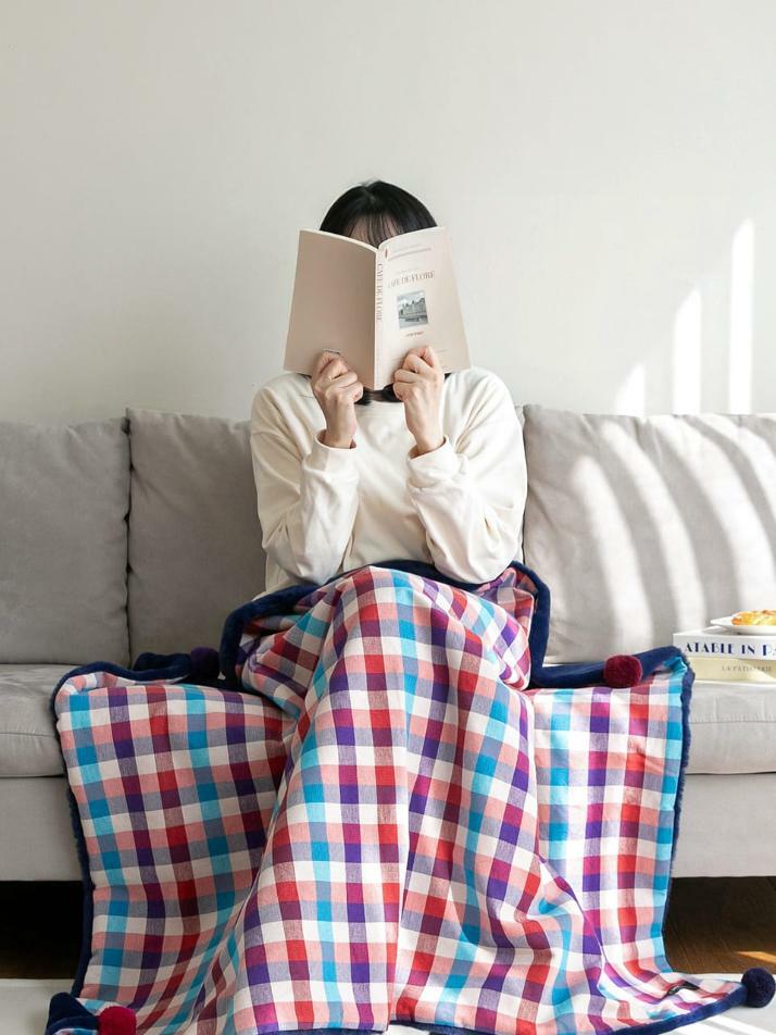 극세사 벨보아 니트방울 블랭킷 원더랜드 체크