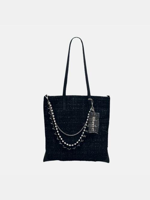 트위드 스퀘어백 샤인 블랙 + 체인