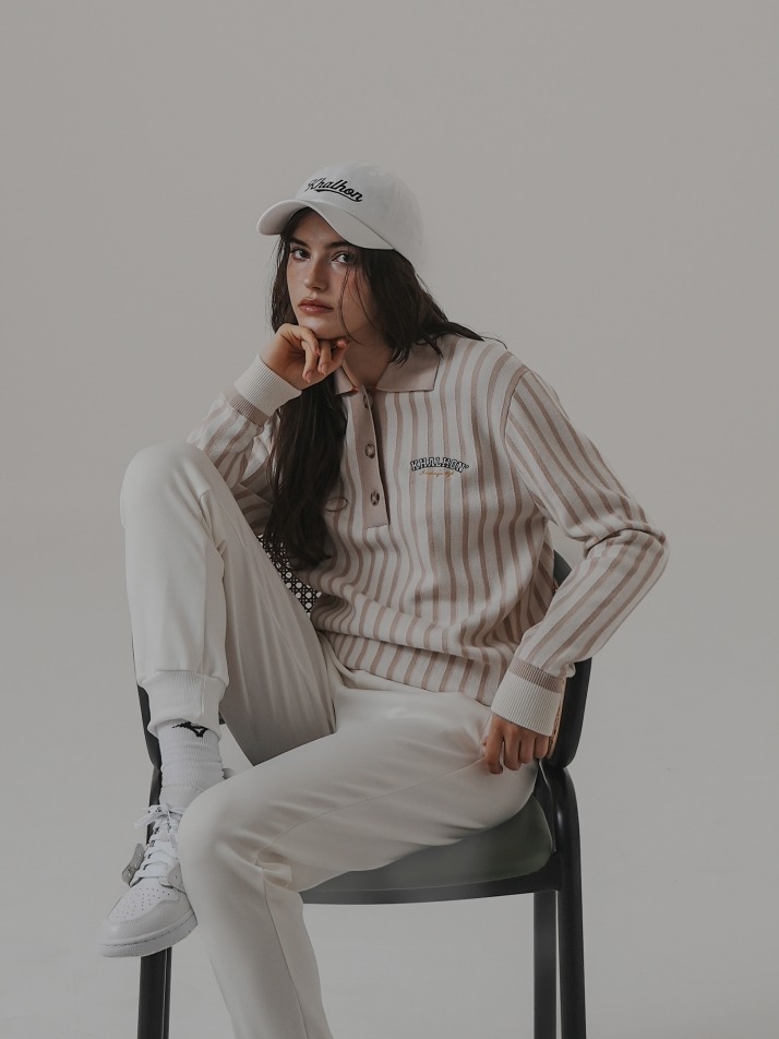 STRIPE POLO SWEATER (LIGHT BEIGE)