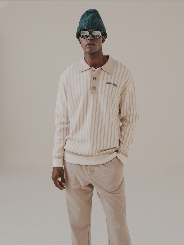 STRIPE POLO SWEATER (LIGHT BEIGE)