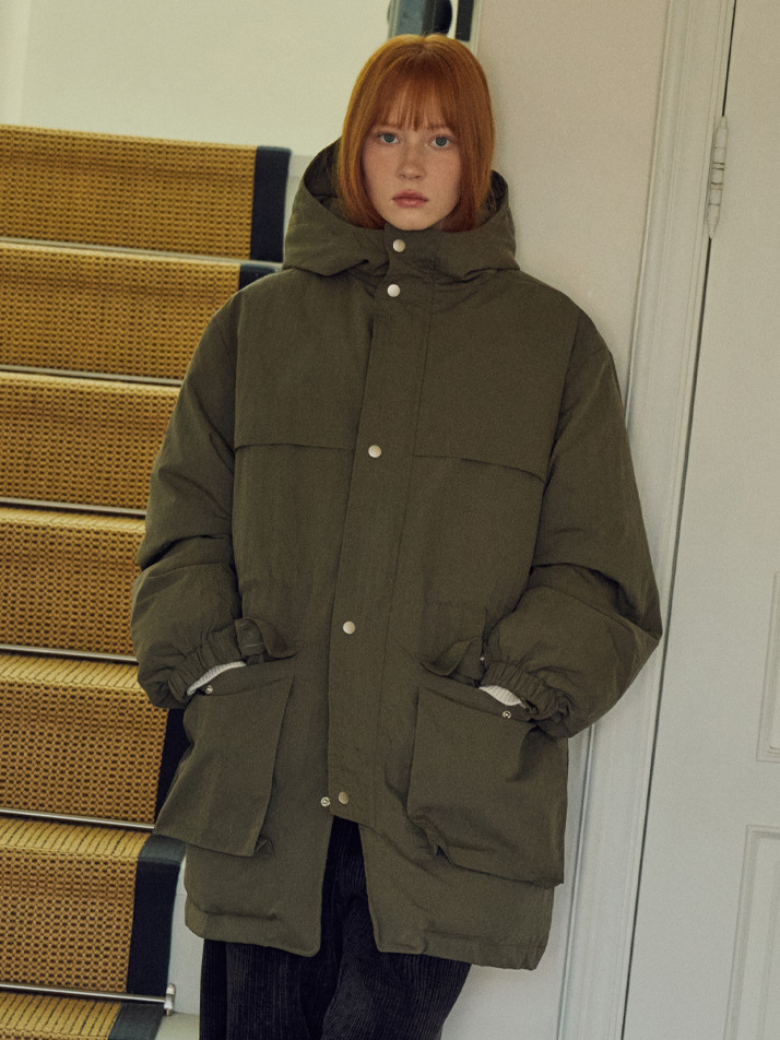 W/에어리 컴포트 후드 패딩 자켓_KHAKI