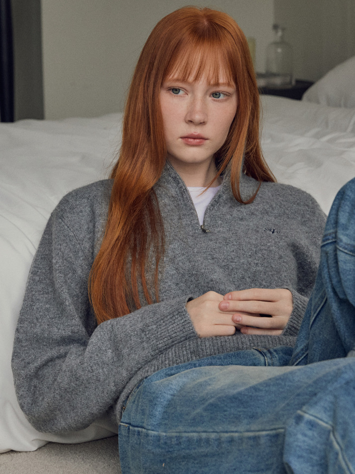 올웨이즈 크롭 니들 브러쉬드 하프 집업 니트 3COLOR