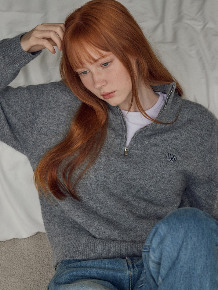 올웨이즈 크롭 니들 브러쉬드 하프 집업 니트 3COLOR