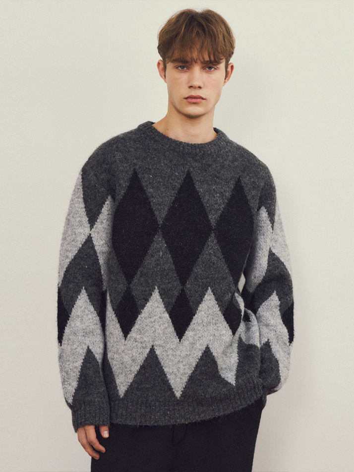 올웨이즈 아가일 헤어리 울 니트 3COLOR