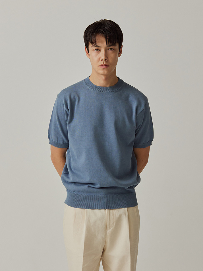 Essential Short Sleeve Round Knit (Marine Blue)