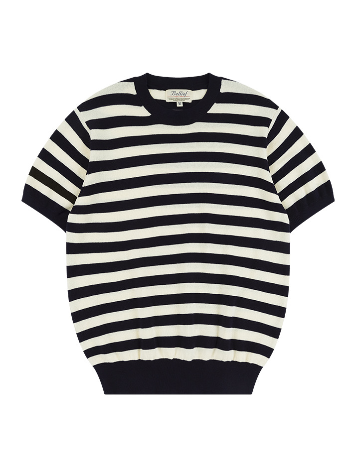 Essential Comfort Short Sleeve Round Knit (Navy/Ivory)