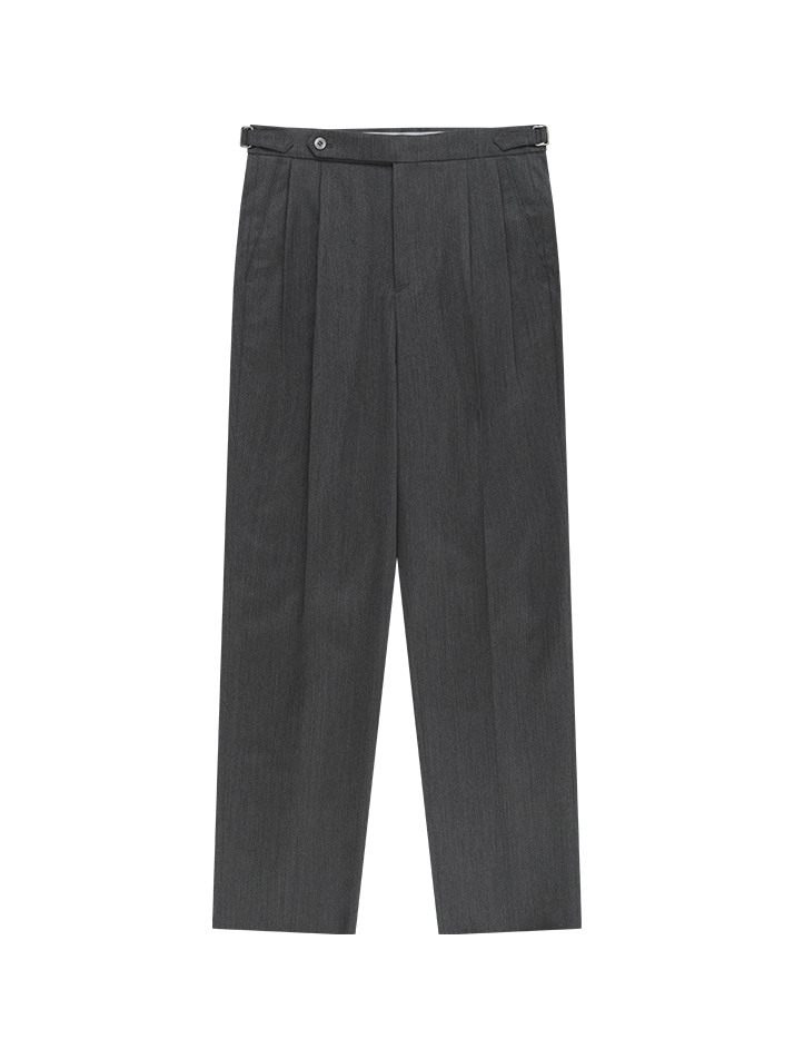 Essential Wool Gabardine Adjust Twill 2-Pleated Relaxed Trousers (Grey)