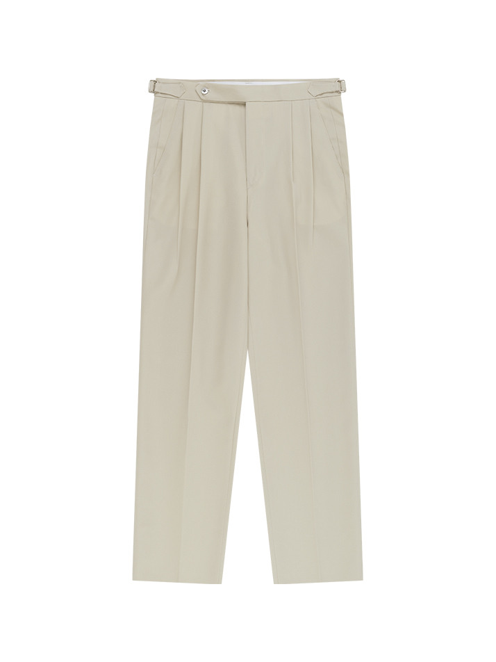 Essential Wool Gabardine Adjust Twill 2-Pleated Relaxed Trousers (Beige)