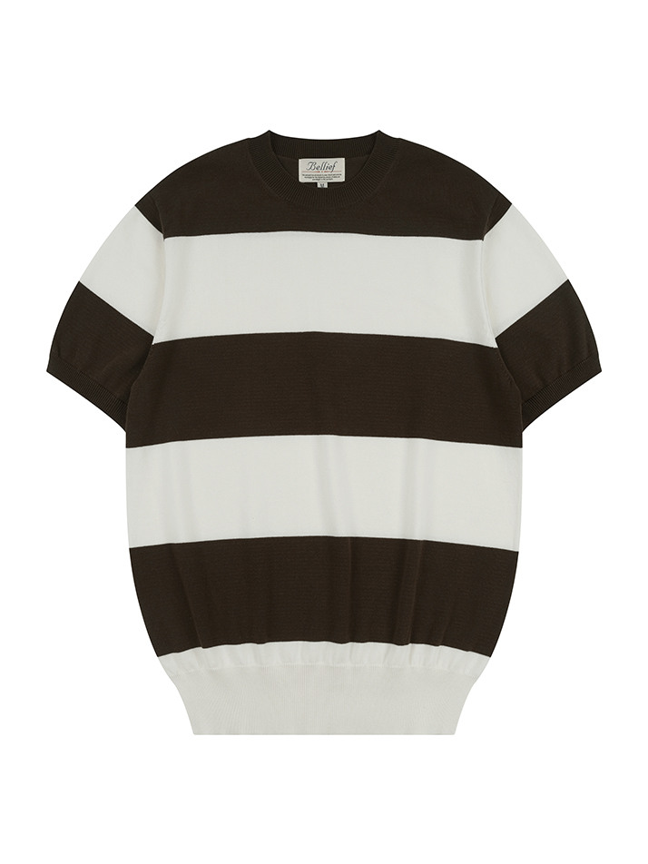 Essential Hard Twist Cotton Short Sleeve Striped Knit (Ivory/Brown)