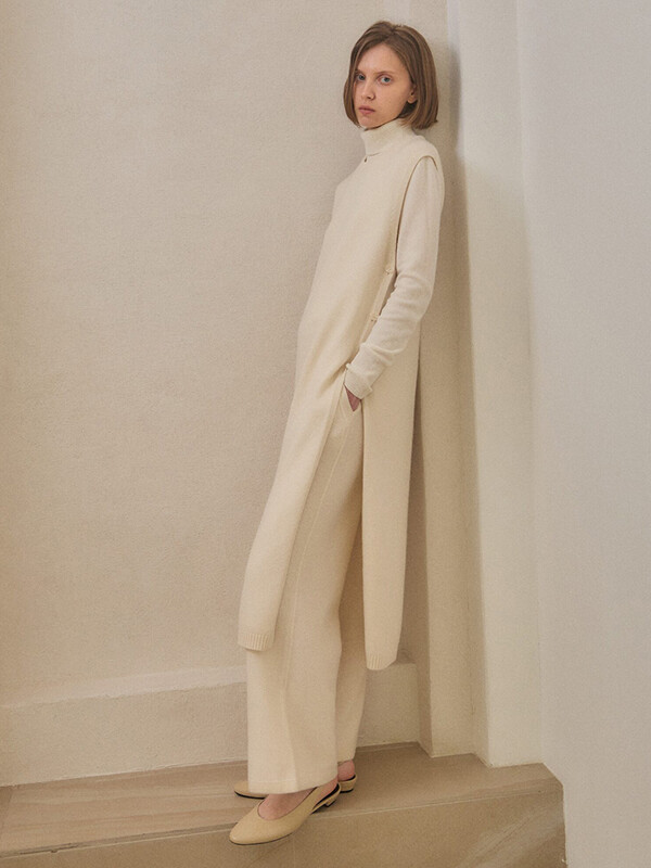 cashmere 100% | one slit long vest - White
