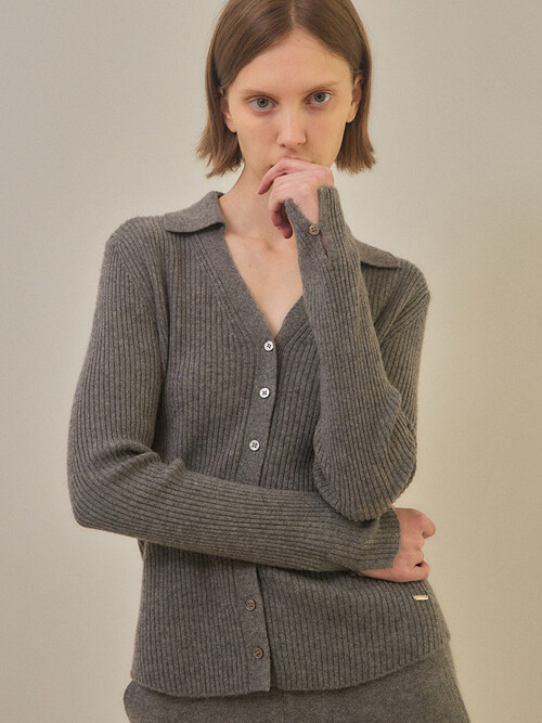 cashmere 100% | collar v-neck cardigan - Gray