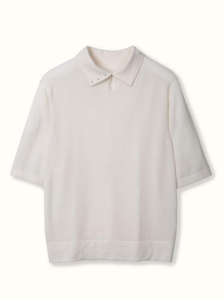 merino wool 70% silk 30% | back button knit top - White