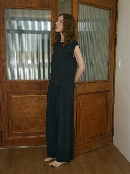 merino wool 70% silk 30% | double pintuck knit pants - Navy